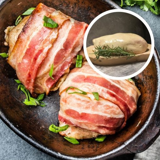Csirkemell baconbe göngyölve, hízott kacsa májjal töltve